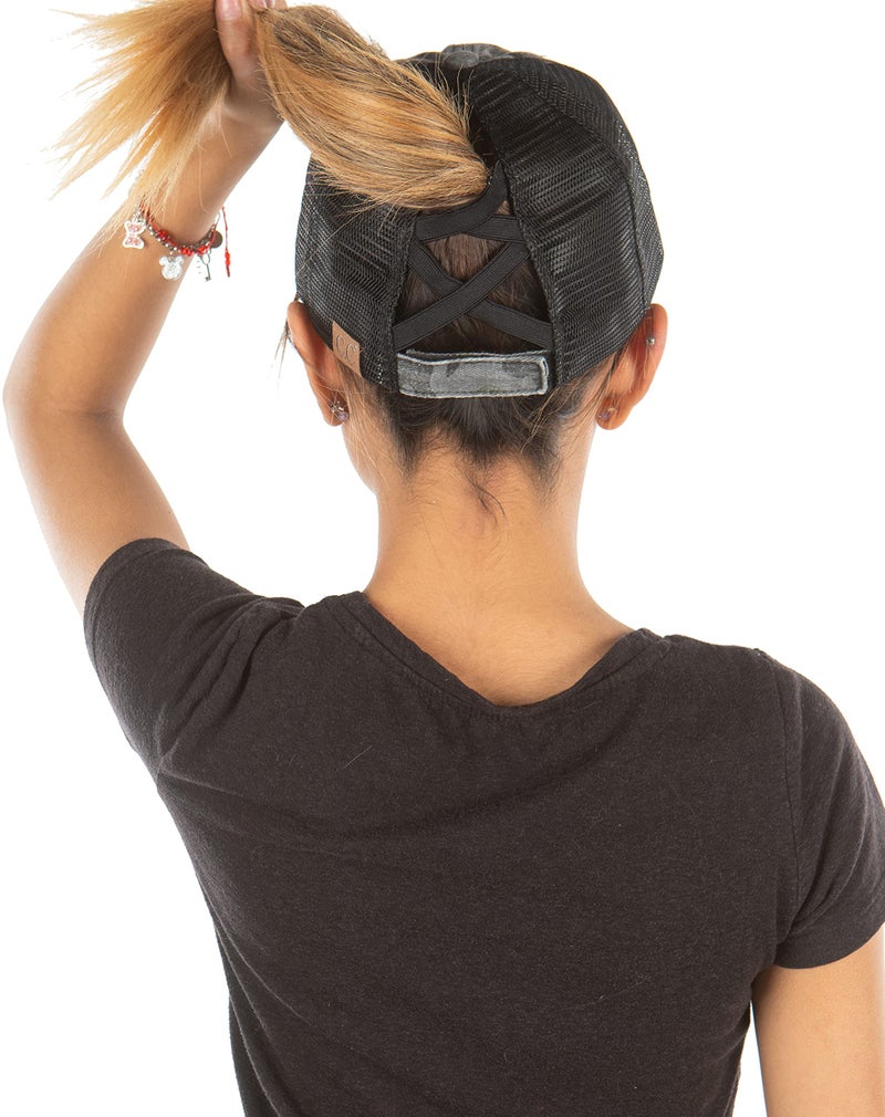 Funky Junque Women's Messy Bun Ball Cap Distressed Ponytail Trucker Hat with Ponytail Hole and Criss Cross Bands - Black Mesh - Black Camo (Distressed) - Image 1